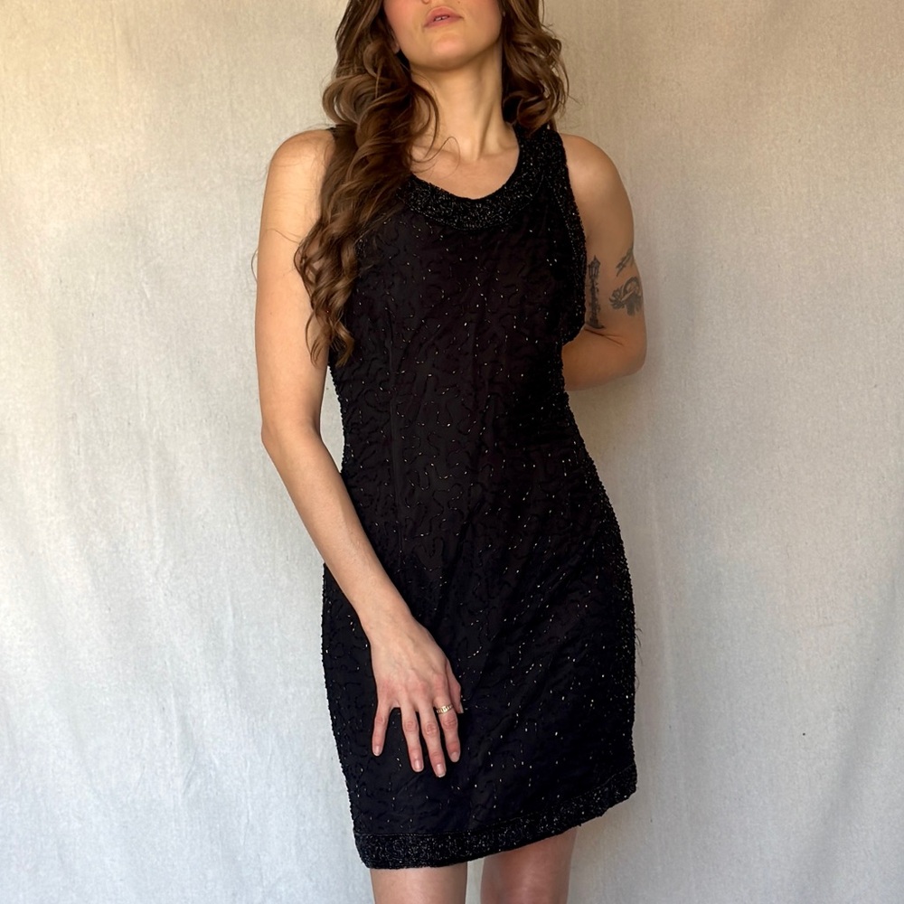 Vintage 90s LBD - Black Beaded Mini Silk Cocktail Wedding Dress - Picture 5 of 8